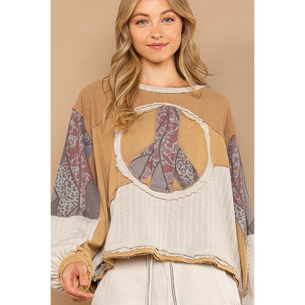POL Latte Tan Cut Sew Peace Emblem Long Sleeve Oversized Top S Cottage Prairie